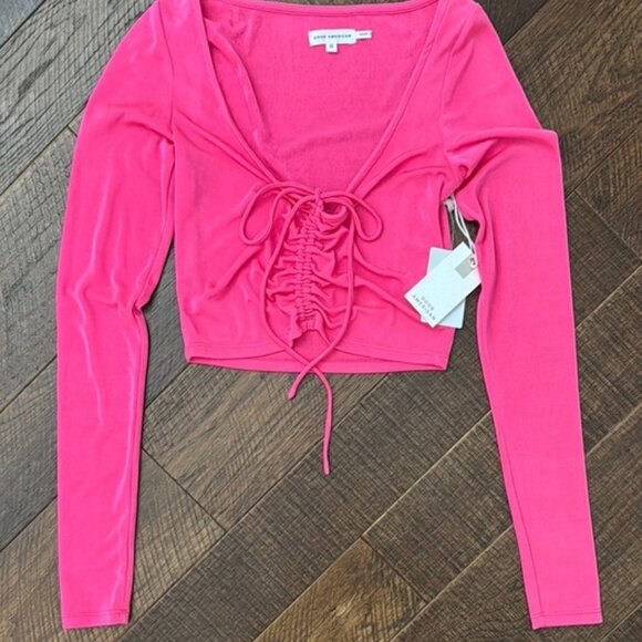 NWT Good American Hot Pink V neck Ruched Crop Long Sleeve blouse Top - Picture 1 of 8